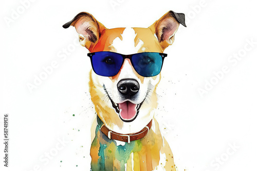 Watercolor pet dog wearing rainbow sunglasses, Generative AI. © Valentina Watercolor