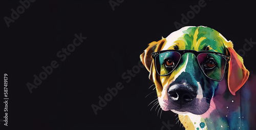 Postcard with pet dog wearing rainbow sunglasses, Generative AI.