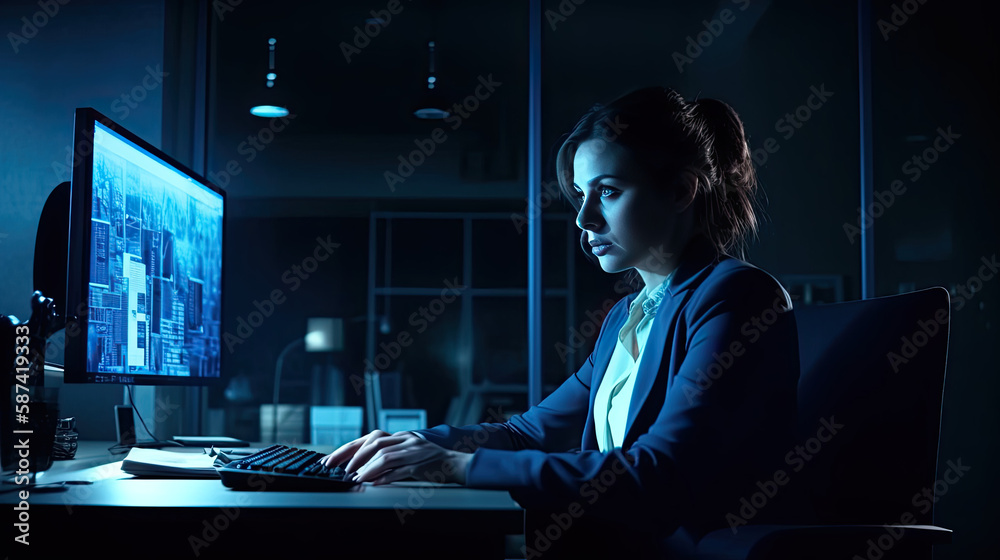 Blue Coding: A Woman Programming Neural Network Algorithm in a Cool Hue Scene - Generative AI Blue Coding: A Woman Programming Neural Network Algorithm in a Cool Hue Scene - Generative AI