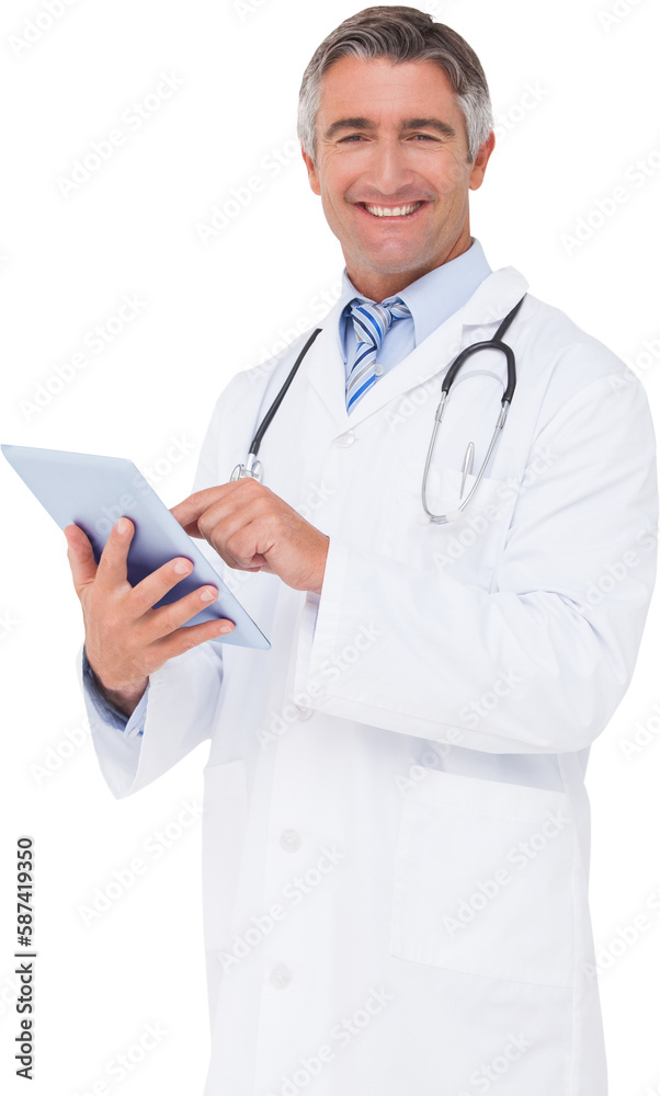 Happy doctor using tablet pc Happy doctor using tablet pc