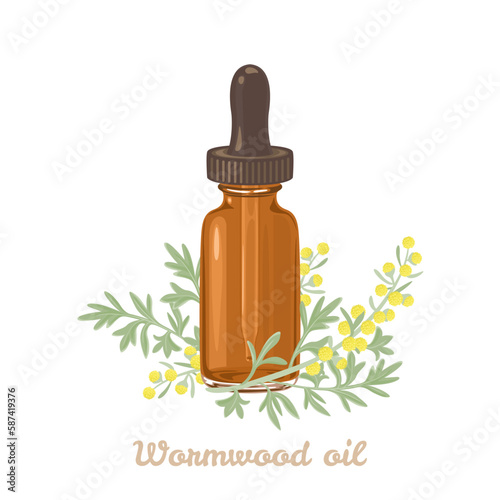 Wormwood essential oil. Amber glass dropper bottle, sagebrush leaf and flowers isolated on white background. Vector illustration in cartoon flat style. photo