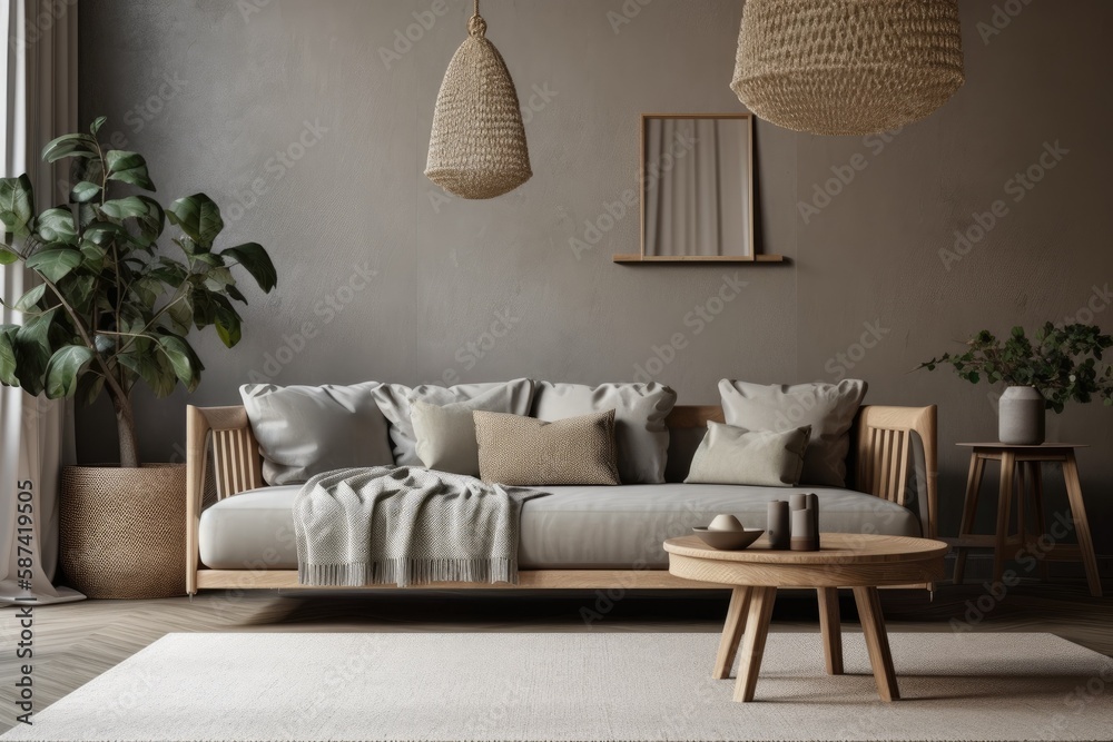 Grey couch in basic living room,. Generative AI Grey couch in basic living room,. Generative AI