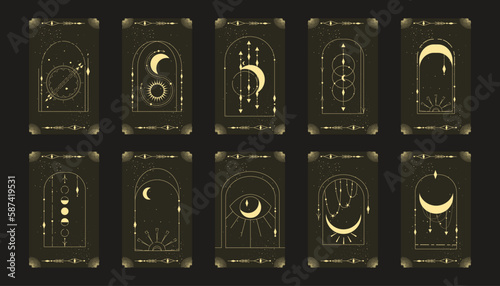 Tarot card set with mystic celestial frame. Boho esoteric tarot card with moon and frame. Vector illustration. Sacred geometry celestial arch