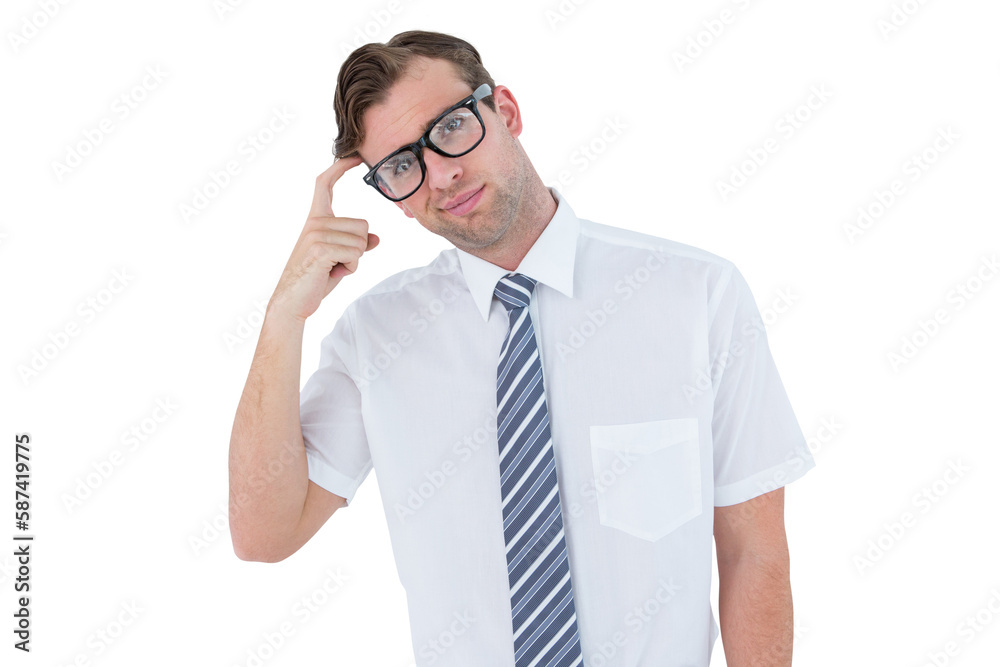 Geeky businessman thinking with finger on temple Geeky businessman thinking with finger on temple