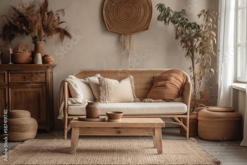 Vintage white and beige living room closeup. Sofa, autumn themed rattan table. Boho chic, autumn decor,. Generative AI