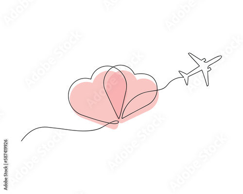 Red hearts in sky and airplane drawn in one continuous line. One line drawing, minimalism. Vector illustration.