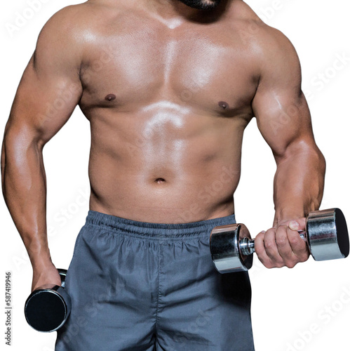 Mid section of a bodybuilder with dumbbells