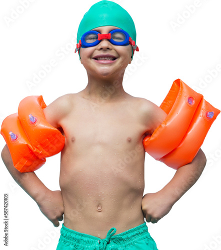 Shirtless boy with water wings