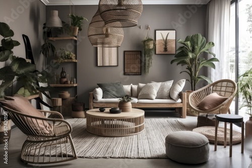 Modern living room with rattan chairs, cushions, plaid, beige macrame, wooden cubes, tropical plants, and exquisite accessories. Decoration. Gray. Generative AI