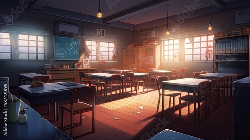 High quality 2D anime classroom background at night evening, Generative AI
