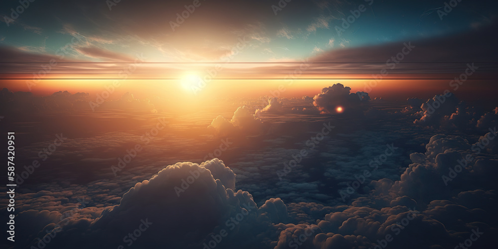 Sunrise in cloudy sky background dramatic sunrise. beautiful sunset Sunrise cloudy sky from aerial view with gentle colorful clouds and dramatic light airplane view. 3D illustration. Creative AI