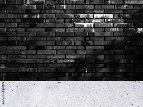 Old black brick wall background with floor.