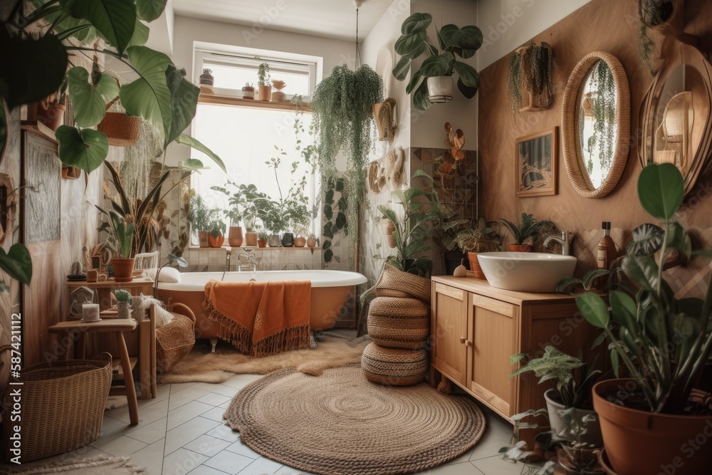 Bathroom with houseplants and couch. Boho chic apartment with tropical plants. Natural wood and wicker bohemian room. Generative AI
