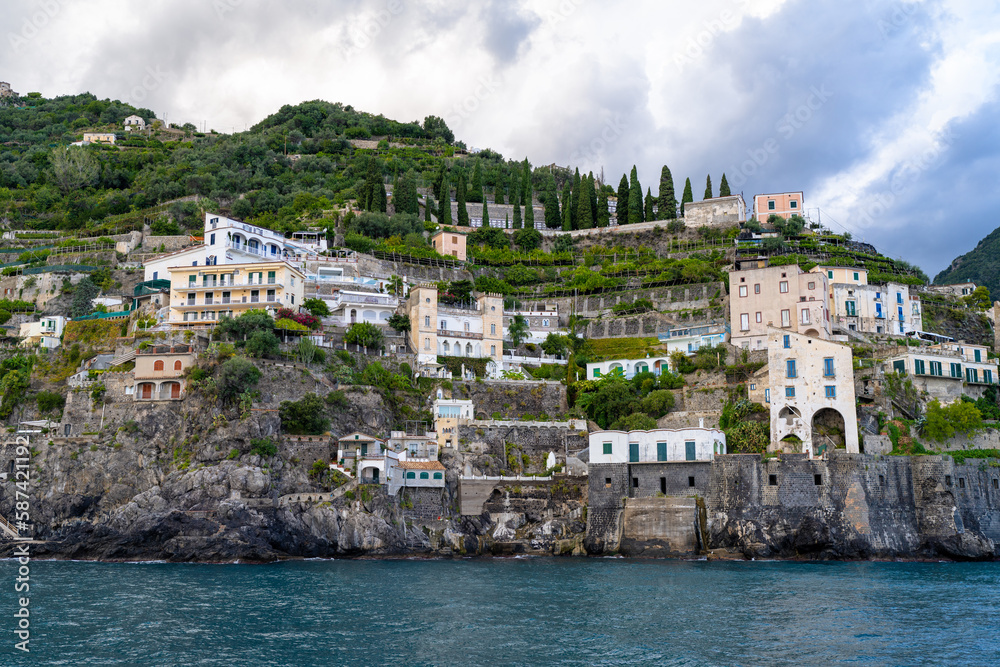 Homes Buildings and Lemon Farms Seen from the Water Along the Amalfi Coast in Italy