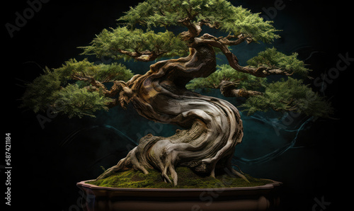 Isolated old bonsai tree on a dark background - Generative AI