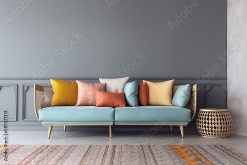 interior background comfortable floor wall luxury style pillows apartment living room lounge empty. Generative AI.