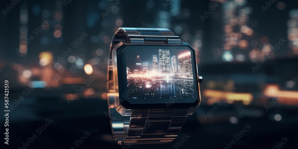 Future tech on your wrist: Modern watch displays virtual data in a stunning futuristic city background. Generative AI Future tech on your wrist: Modern watch displays virtual data in a stunning futuristic city background. Generative AI