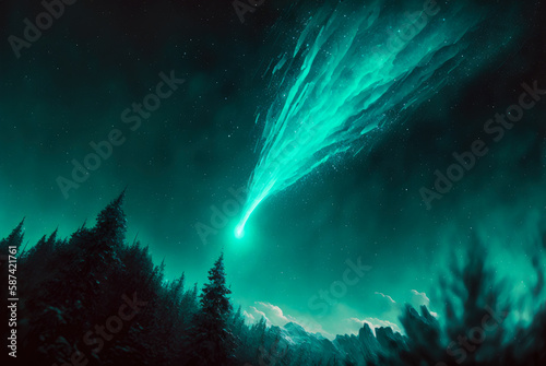 A large blue comet with a trail streaking thorugh the night sky. Created with Generative AI. photo