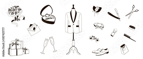 set  items needed for a groom to look his best in wedding day, black and white vector illustration
