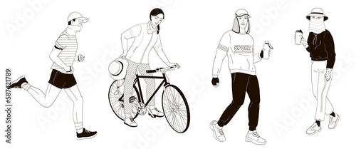 people protect themselves against the solar radiation and UV ultraviolet, exercising outdoors with protective clothes and hats, woman on bike, adults walking, man jogging, black and white vector 
