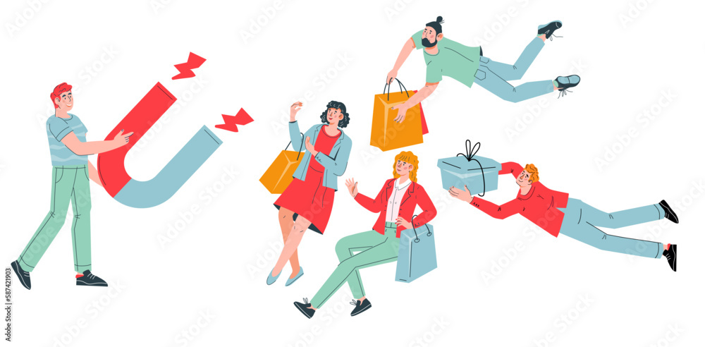 Customer retention inbound smm marketing concept. Magnet attracts consumers as metaphor of marketing strategy for clients attraction, flat cartoon vector illustration isolated on white background.