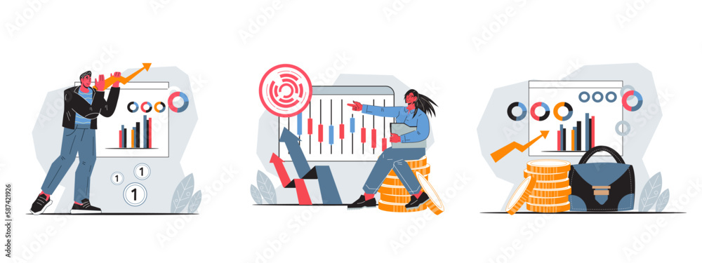 Stock market and finance, investments and business strategy set of flat cartoon vector illustrations isolated. Banners with people trading on the stock exchange.