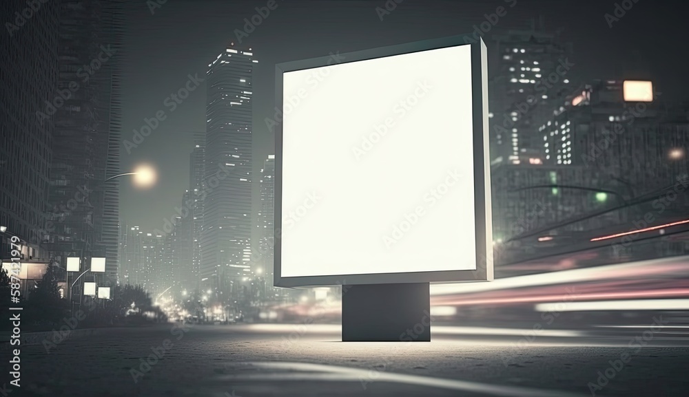 Futuristic city with white blank billboard, night view