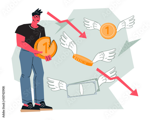 Bankruptcy and loss of money, ruin in financial crisis, depletion of budget and loss of savings due to inflation. Depression in economy and low income, flat vector illustration isolated on white.