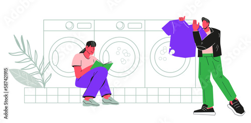 People in laundry, man loading the washing machine with dirty clothes, and woman waiting for the laundry to finish, flat vector illustration isolated on white background. Laundromat service.