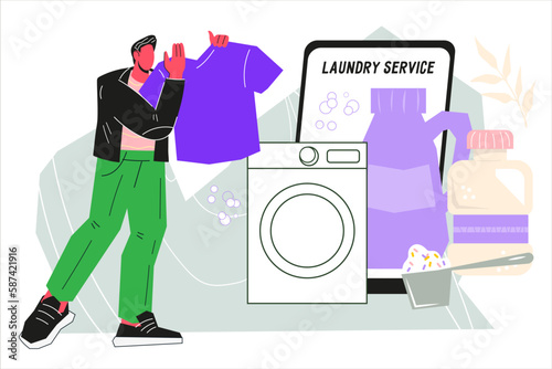Online Laundry service banner for website or mobile app flat vector illustration on white background. .Laundry and dry cleaning service online.