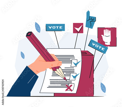 Election voting and public opinion poll. Person's hand fills out a ballot paper. Political and social activity, election campaign, flat cartoon vector illustration isolated on white background.