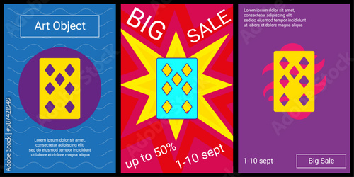 Trendy retro posters for organizing sales and other events. Large seven of diamonds playing card in the center of each poster. Vector illustration on black background