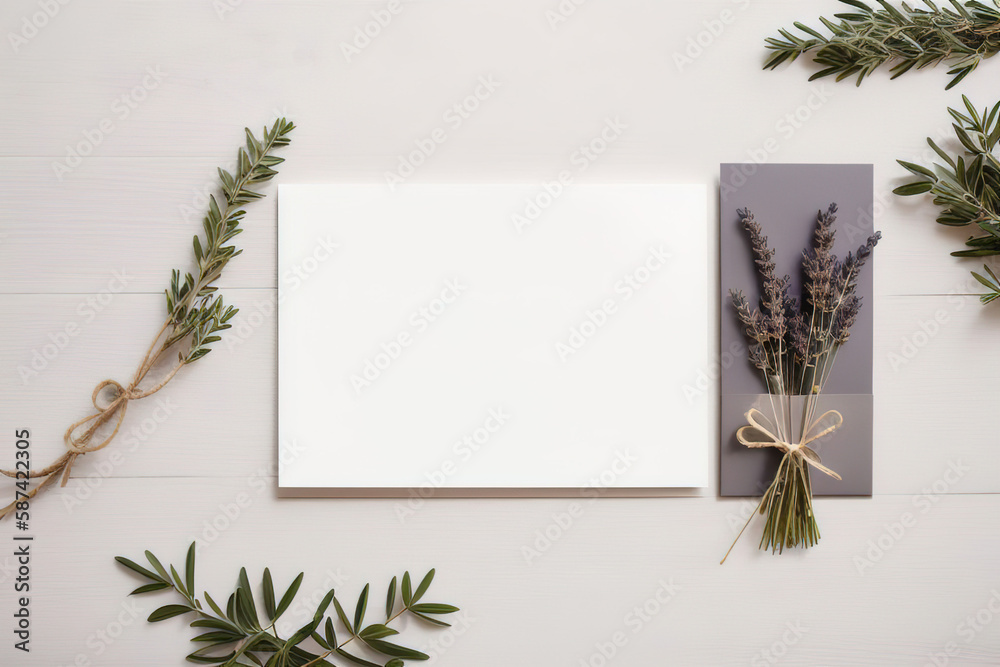 Mockup of an empty sheet of paper and dried flowers on the table. Minimalist postcard design. Generative AI Mockup of an empty sheet of paper and dried flowers on the table. Minimalist postcard design. Generative AI