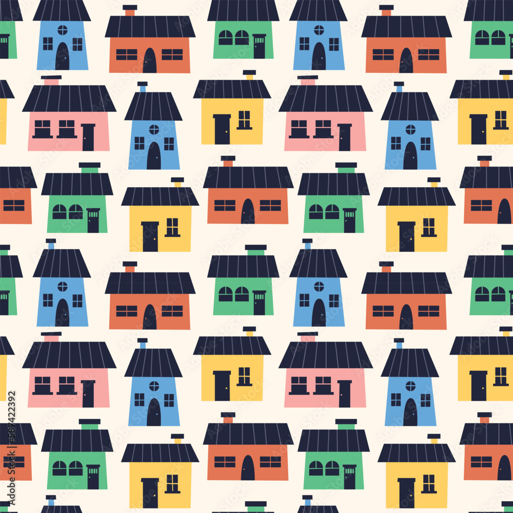 Colorful houses village pattern. Spring seamless background for print, textile, wrapping paper, fabric. Flat surface design