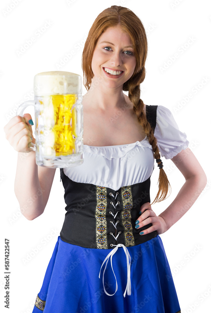 Oktoberfest girl smiling at camera holding beer Oktoberfest girl smiling at camera holding beer