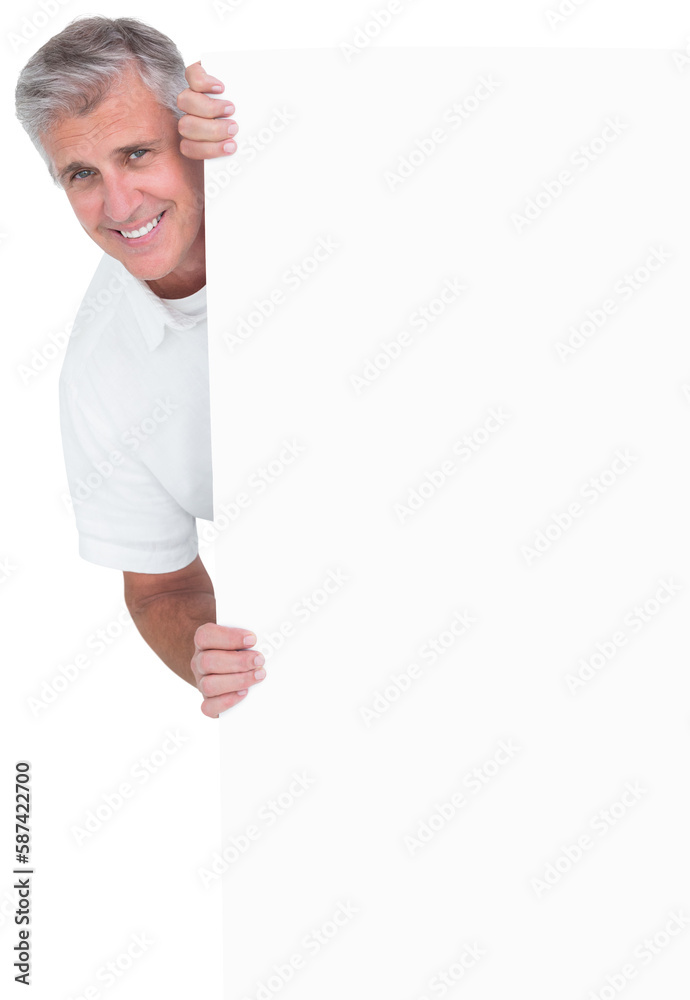 Casual man showing a poster Casual man showing a poster
