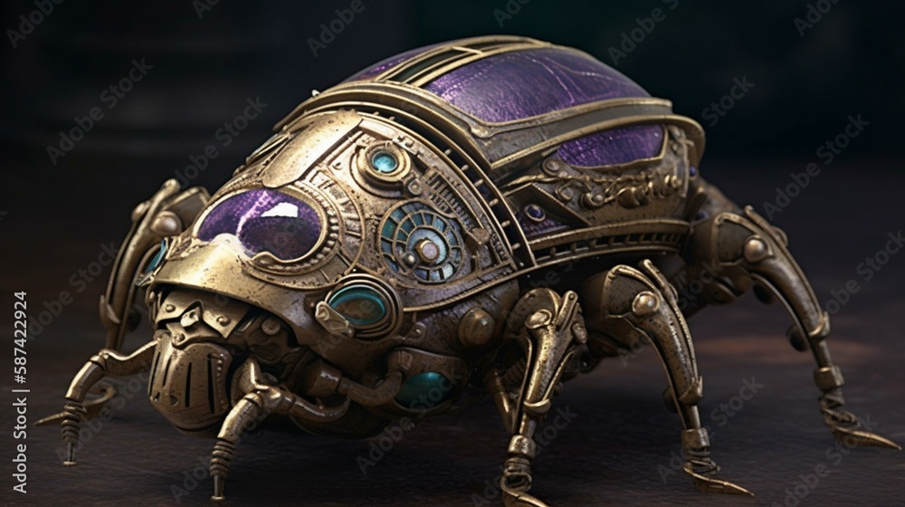 A metallic scarab with gleaming amethyst eyes and a shell made of etched brass, crawling over a bed of corroded metal gears Generative AI