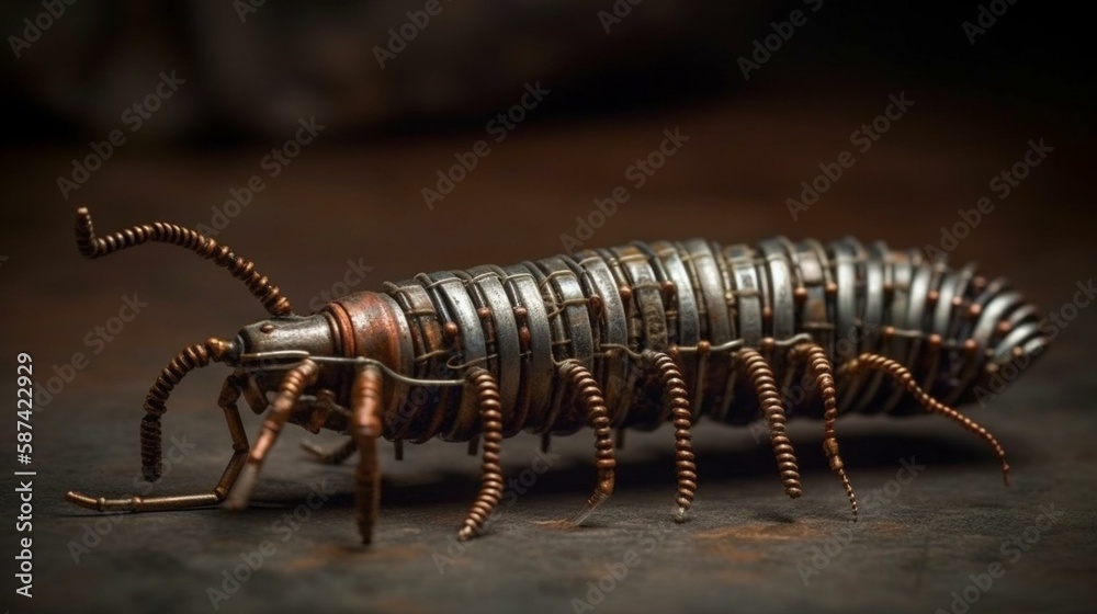 Obraz premium A centipede with a segmented body crafted from tarnished silver, its legs made of copper and brass coils Generative AI