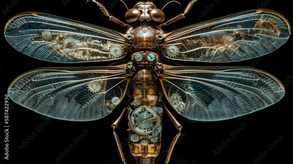 A winged insect with a body resembling an antique pocket watch, its gears and cogs visible through a translucent glass casing Generative AI