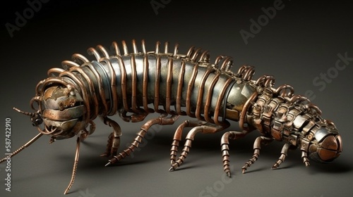A centipede with a segmented body crafted from tarnished silver, its legs made of copper and brass coils Generative AI © Denis Yevtekhov