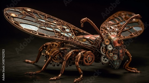 An insect with a thorax and abdomen crafted from cogwheels and gears, its wings a delicate lattice of bronze and copper filigree Generative AI