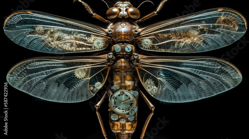 A winged insect with a body resembling an antique pocket watch, its gears and cogs visible through a translucent glass casing Generative AI © Denis Yevtekhov