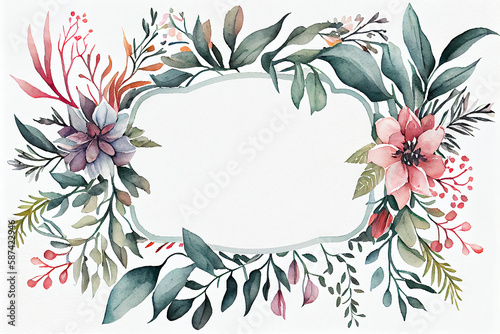 Watercolor floral frame. Beautiful wreath. Elegant floral collection with isolated leaves and set of flowers, hand drawn watercolor. Design for invitation, wedding or greeting cards. Generative ai.