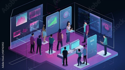 Depict teams of professionals working together using large interactive digital displays, virtual whiteboards, and immersive conferencing platforms. Created using generative AI.