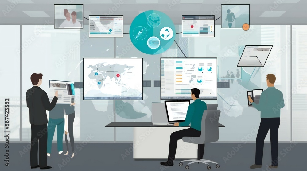 Depict teams of professionals working together using large interactive digital displays, virtual whiteboards, and immersive conferencing platforms.
Created using generative AI. Depict teams of professionals working together using large interactive digital displays, virtual whiteboards, and immersive conferencing platforms.
Created using generative AI.