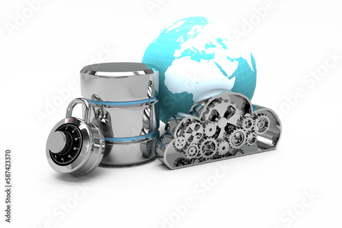 Database server icon with combination lock and metallic cloud