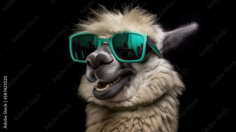 Human-like Smiling Alpaca Sunglasses Green Background - generative AI	
