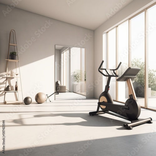Bright Gym Room Mockup Fitness Equipment Display - generative AI