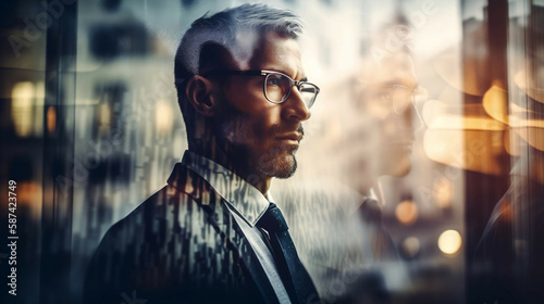 young businessman in suit in urban city double exposure street, abstract style new quality creative financial business stock image illustration design, Generative AI