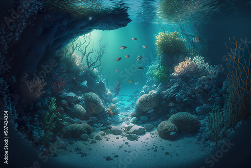 Underwater sun rays deep water sunlight under sea sunbeams background abstract. A panorama underwater coral reef on the red sea. 3D realistic illustration. Generative AI